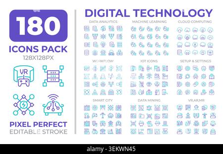 Digital technology two color line icons set collection Stock Vector