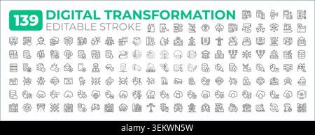 Digital transformation line icons big set Stock Vector