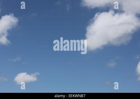 Bright Blue Sky with Large White Cumulus Clouds. sky filled with large white cumulus clouds illuminated by sunlight. Stock Photo