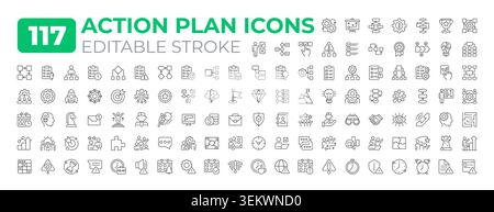 Action plan line icons big set Stock Vector