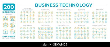 Business technology two color line icons set collection Stock Vector