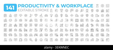 Productivity in workplace line icons big set Stock Vector