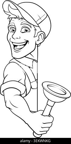 Plumber Plunger Tool Cartoon Plumbing Man Handyman Stock Vector