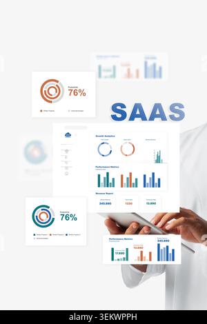 Software as a Service presentation showing analytics and performance metrics on screen Stock Photo