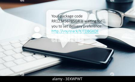 Scam call sms message about a delivery code with a link to set preferences Stock Photo