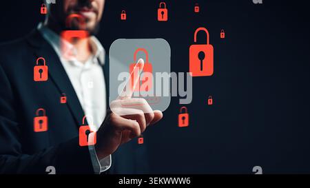 Man interacts with digital security symbols to address scam call and SMS message issues Stock Photo