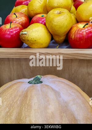Pumpkin, red apples and pears in wooden box. Autumn Harvest. Thanksgiving. Close-up. Stock Photo