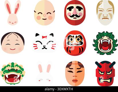 A colorful flat illustration set featuring Japanese inspired festival masks and folk character faces Stock Vector