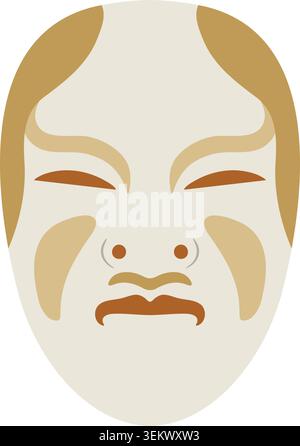 Simple illustration of a pale ceremonial face mask with narrow eyes golden accents and a serious mouth. Stock Vector