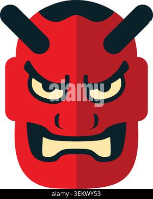 Simple illustration of a red horned demon face mask with yellow eyes black horns and a fierce expression. Stock Vector