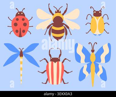 Flat vector set of colorful summer insects icons on blue background. Stock Vector