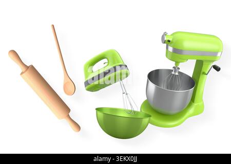 Baking tools including a stand mixer, hand mixer, wooden spoon, and rolling pin isolated on white background, concept of cooking. Stock Photo