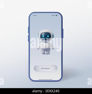 Robot phone chatbot for glass 3d ai and button text chat. Ui effect mockup for character speech robot and avatar box bot. Robot card circle for glass Stock Vector