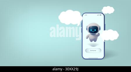 Robot chatbot ai and 3d phone button with text chat ui. Effect mockup character and speech mobile avatar with box bot messenger. Card robot bubble and Stock Vector