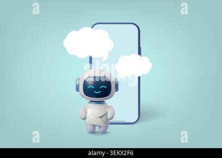 Robot phone chatbot with 3d speech and button text chat. Ui effect mockup with character robot avatar and box bot messenger. Card circle robot with Stock Vector