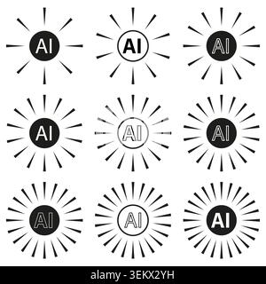 Artificial intelligence spark sunburst icons vector set. Perfect for tech branding and modern application interface designs. EPS 10. Stock Vector