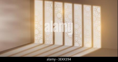 Islamic room with golden arabesque pattern and window shadow on beige corner wall. Vector realistic illustration of mosque interior design, Ramadan background with elegant abstract light ornament Stock Vector