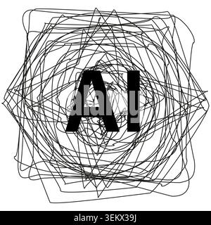 Artificial intelligence ai text surrounded by chaotic line art vector. Perfect for modern tech blogs and machine learning. EPS 10. Stock Vector