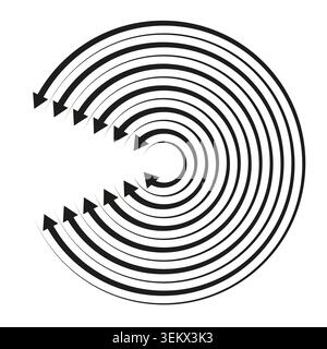 Radial arrow vector swirl features circular curved lines. Dynamic rotating motion element promotes futuristic technology project. eps 10 Stock Vector