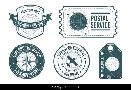 Worldwide shipping and postal service icons set. Vector realistic illustration of y2k style stickers with geometric globe, plane, suitcase and hot air balloon designs, retro earth logo patches Stock Vector