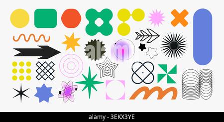 Abstract geometric shapes in Bauhaus style isolated on white background. Vector illustration of colorful bold graphic elements, retro flower, arrow, circle forms for creative collage, creative design Stock Vector
