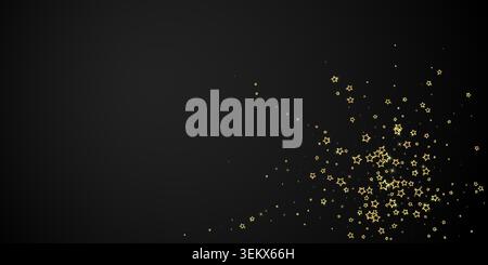 Gold sparkling star confetti. Chaotic dreamy childish overlay template. Festive stars vector illustration on black background. Stock Vector