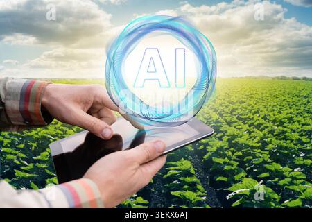 Farmer uses Artificial Intelligence for data analysing. Smart farming concept. Stock Photo