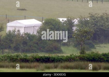 The scene in Sourton Down, near Okehampton in Devon, where a Royal Navy helicopter crashed in a field on Wednesday. Three members of the Royal Navy have died in the crash. Picture date: Thursday June 4, 2026. Stock Photo