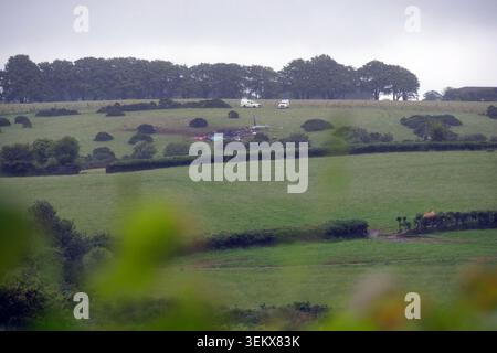The scene in Sourton Down, near Okehampton in Devon, where a Royal Navy helicopter crashed in a field on Wednesday. Three members of the Royal Navy have died in the crash. Picture date: Thursday June 4, 2026. Stock Photo