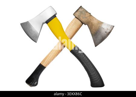Crossed old rusty and new steel two axes isolated over white Stock Photo