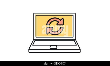 Laptop refresh and software update icon: portable notebook computer with circular reload arrows on screen, modern black line art with offset color fil Stock Vector
