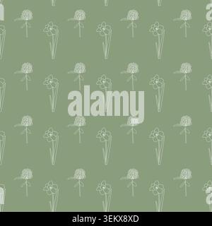 Seamless floral pattern with alternating daffodil and allium line drawings on muted green background, minimalist botanical design for wallpapers Stock Vector