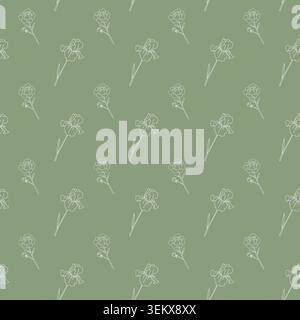 Seamless diagonal floral pattern with white line-drawn blossoms and stems on muted green background, minimalist botanical design for textiles Stock Vector