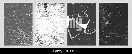 Set of four cracked and weathered textures, including speckled gray surface, fine black cracks on white, broken concrete with large sections, and aged Stock Vector
