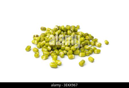 Soaked Mung Beans Isolated, Wet Vigna Radiata Seeds Pile, Macro Photo of Green Gram in Water, Raw Mung Beans, Maash or Moong, White Background Stock Photo