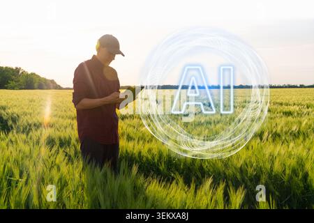 Farmer uses Artificial Intelligence for data analysing. Smart farming concept. Stock Photo