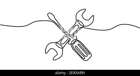Minimalist Continuous Line Drawing of a Screwdriver and Wrench Stock Vector