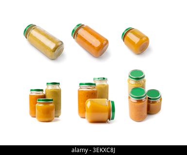 Baby Food Jar Isolated, Kid Puree Glass Bottle, Healthy Child Nutrition, Toddler Diet, Small Jar with Baby Food on White Background Stock Photo
