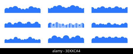 Simple clouds divider web site separator set. Fluffy curve edge header section. Blue border for banner, frame bottom, template. Vector illustration Stock Vector