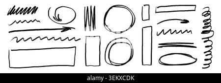 Hand drawn crayon scribble highlight collection with arrows, circles, frames, rectangles, underlines and sketch marks. Black rough doodle elements for text emphasis, annotation, note taking and design Stock Vector