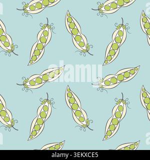 Green peas seamless pattern vector illustration. Hand drawn doodle style legume pods background for kitchen textile, wallpaper, wrapping paper, organic food banner design. Vector illustration Stock Vector
