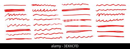 Highlights and underlines of red crayon or pencil hand drawn doodle lines, vector icons. Highlights and underlines of color brush pen or red crayon, wax chalk and red highlighter marker doodle drawing Stock Vector