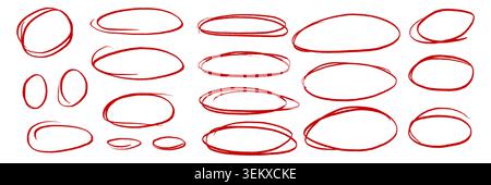 Hand drawn red crayon outline ovals and ellipses set. Rough scribble circles, sketch highlight marks and doodle frames. Vector annotation elements for text emphasis, notes, labels, comments and design Stock Vector