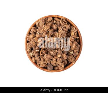 Chocolate Granola in Bowl Isolated, Cocoa Muesli Breakfast, Crunchy Cereals, Oatmeal Muesli with Seeds and Grains, Chocolate Granola, White Background Stock Photo
