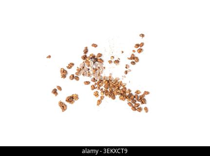 Scattered Chocolate Granola Isolated, Flying Cocoa Muesli, Crunchy Cereals, Seeds and Grains Oatmeal Muesli, Chocolate Granola on White Background Stock Photo