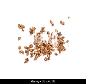Scattered Chocolate Granola Isolated, Flying Cocoa Muesli, Crunchy Cereals, Seeds and Grains Oatmeal Muesli, Chocolate Granola on White Background Stock Photo