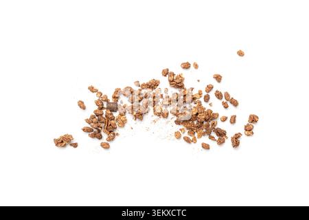Scattered Chocolate Granola Isolated, Flying Cocoa Muesli, Crunchy Cereals, Seeds and Grains Oatmeal Muesli, Chocolate Granola on White Background Stock Photo