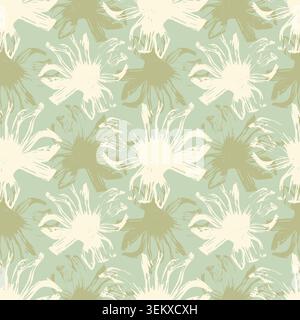 Floral seamless pattern vector illustration. Grunge textured hand drawn daisy flowers background in pastel green tones for vintage wallpaper, fashion textile, home decor print design.. Vector illustration Stock Vector