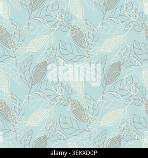 Cocoa bean seamless pattern vector illustration. Hand drawn line art chocolate tree pods background for confectionary packaging, cafe wallpaper, dessert menu design. Vector illustration Stock Vector
