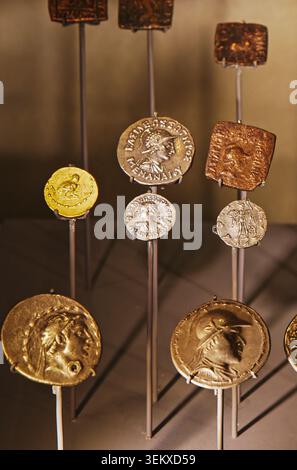 Indo-greek, Indo-scythian, Indo-parthian Coins. Indo-greek Coins Was Is Often Bilingual, Combining Greek With Indian Brahmi Script Or Kharoshthi Stock Photo